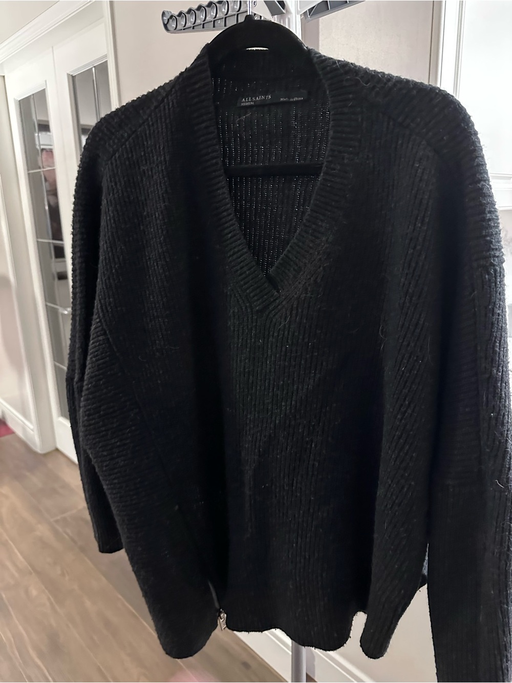 All Saints women’s Black/charcoal V-Neck Ribbed asymmetrical Sweater